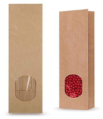 SmartPack 90 x braune Papiertüten mit Fenster, Größe 20 x 7 x 4 cm, Blockbodenbeutel mit Fenster, Papiertüten für Tee, Kekstüten, Verpackungen für Lebensmittel, Papiertüten für Gewürze