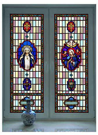 Siunwdiy Kirchlich Milchglasfolie Fensterdeko hitzeschutz Fensterfolie,Selbstklebend Fensterfolie Blickdicht,Kein Kleber Statisch Vinyl für Badezimmer Wohnzimmer Dekorativ,Q,90x120cm(36x47)