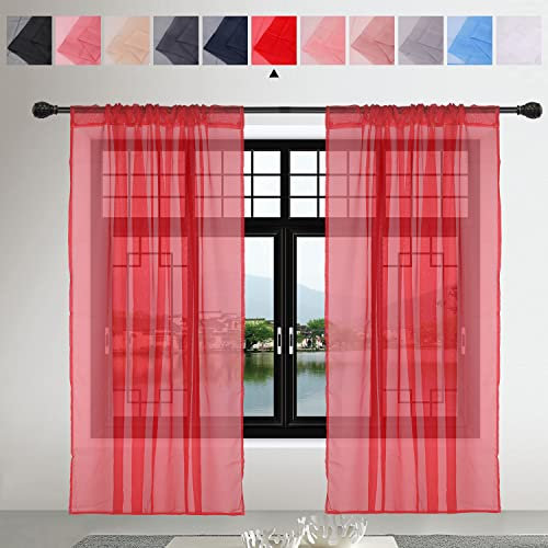 Trimming Shop Red Voile Curtains 2 Panel Semi-Transparent Sheer Slot Top Curtain Pair 142 x 137cm for Window & Door Lightweight Net Curtain for Bedroom, Kitchen & Living Room