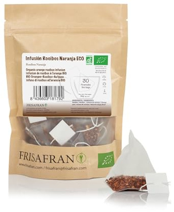 FRISAFRAN | Infusión Rooibos con Naranja Ecológica 30uds | 60g | Relajante | Digestivo | Infusión de Rooibos | Te de rooibos | Infusión Natural | Sabor unico | Hidratante | Nutritiva
