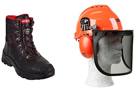 Oregon Sarawak Klasse 1 Kettensägen-Schnittschutzstiefel aus Leder, Stahlkappen, Größe 44 & Yukon Kettensägen-Sicherheitshelm mit Gehörschutz und Netzvisier (562412), Orange, Einheitsgröße