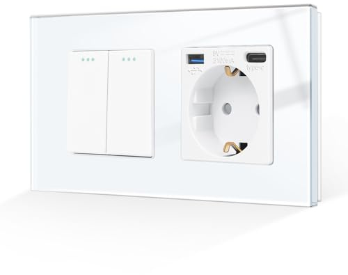 CNBINGO Interruptor de luz con enchufe, enchufe de cristal empotrado con conector USB (tipo C y tipo A 3,1 A total), interruptor de botón blanco, interruptor de 2 vías, interruptor de conmutación