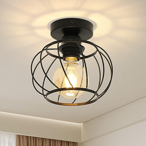 Pheashine Deckenleuchte Industrial Vintage 1 Flammig Deckenleuchte Schwarz Metall Käfig E27 Retro DeckenLampenschirm für Flur, Wohnzimmer, Schlafzimmer, Küche