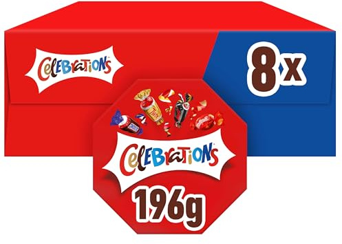 Celebrations, Snack Assortiti al Cioccolato, Praline Miste al Cioccolato Mars, Bounty, Snickers, Twix, Maltesers e Altri Ancora, 8 Scatole da 196g, Cioccolatini Natalizi