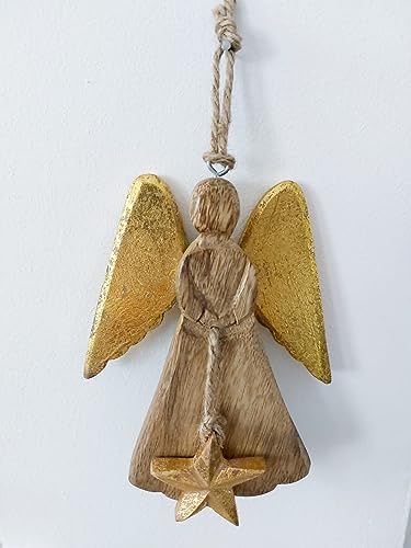 Großer Schutzengel Holzengel Festliche Holzdekoration Aufhänger aus Mangoholz Glücksbringer vergoldete Flügel 17 cm groß