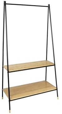 Avilia Freistehender Kleiderständer mit 2 Ablagen für Schuhe und Hüte – Kleiderständer mit 2 Einlegeböden für den Eingang, aus Bambus, 90 x 167 x 42 cm, Braun und Schwarz