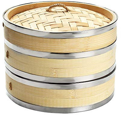 ANSNOW 8 inch (20.5Cm) Premium Bamboo Steamer Small 2-Tiers with Lid.Ng, Durable and Reinforced. for Dim Sum, Vegetables, Meat and Fish. Hand Made