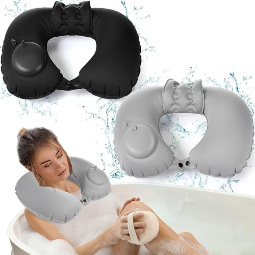 Colingmill 2 Pcs Inflatable Bath Pillows for Tub, U-Shaped Neck & Head Support Cushion, Portable Blow Up Travel Neck Pillow with Adjustable Button for Airplanes & Home Spa(Grey, Black)