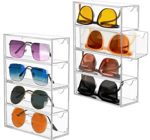 JABNOW Boîte de Rangement Transparent pour Lunettes 2PCS Acrylique Organiseur pour Lunettes de Soleil, Rangement Support pour Lunettes 4 Tiroirs pour Lunettes Montres Bijoux et Cosmétiques