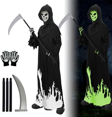 SilverChry Costume da Scheletro per Bambini, Tuta Mietitore con Falce, Triste Mietitore Halloween, Cosplay Grim Reaper (Nero-M)
