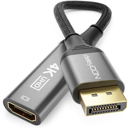 deleyCON Adattatore 4K DisplayPort a HDMI (per monitor/TV/proiettore) 4K@60Hz, 1080P WQHD @165Hz 144Hz 120Hz 60Hz - DP maschio a HDMI femmina per DP Computer Scheda grafica Gaming PC