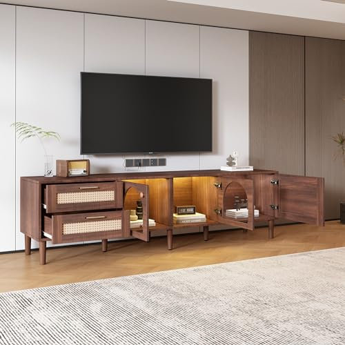 Gegtuon TV-Schrank Fernsehtisch 180 cm Rattandesign für 70/75 Zoll TVs, Fernsehschrank Lowboard mit Offenen Fächern, TV Board mit 2 Schubladen und 3 Türen, Sideboard Möbel für Wohnzimmer, Brown