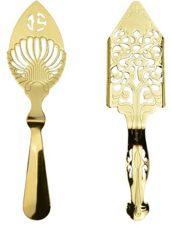Flylin 2 Pcs Stainless Steel Absinthe Spoons, Vintage Style Absinthe Dripper with 2 Types, Ice Cube Mesh Filter Wormwood Spoon Strainer Spoon for Bar Cocktail Tea Coffee (Gold)