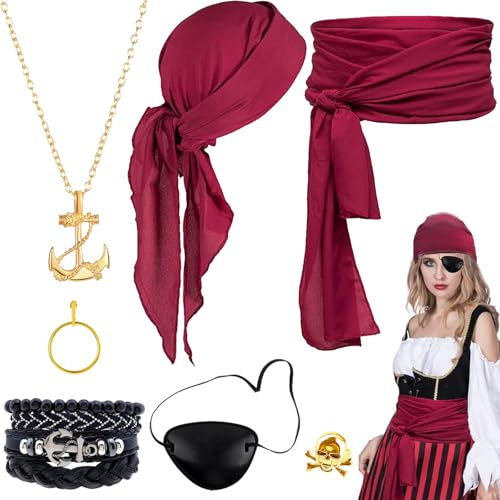 AUNGKWANG Piratenkostüm Zubehör Set, Mittelalter Pirate Herren, Kostüm Halloween Damen Costume, Piraten Augenmaske für Halloween Karneval Cosplay Party