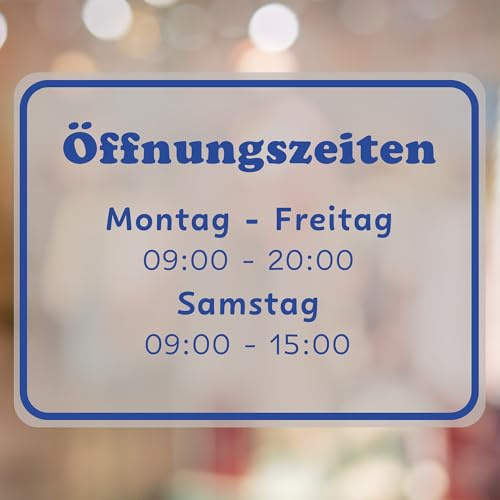 KIWISTAR - Öffnungszeiten - quer - 210x297mm - Blau - personalisiert - Fensterfolie - Wunschtext - Schaufensterbeschriftung - Aufkleber - Milchglas - Glasdekorfolie - innenklebend