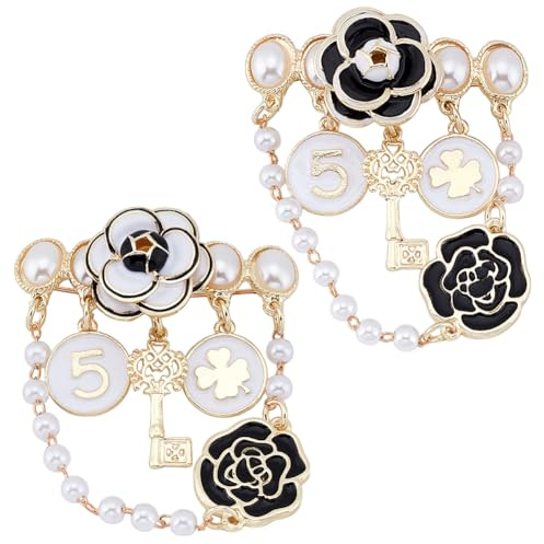 FREEBLOSS 2Pc Broche Perle Broche en Chaîne Broches Vintage Broches pour Femmes Fashion Broche en Chaîne avec Pendentif en Imitation de Perle Broche a Pompon en Chaîne avec Fleur en Perle