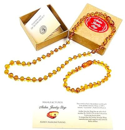 Baltic Amber Necklace And Amber Bracelet Set (Unisex 12.5 Inches and 5.5 Inches) Certified Genuine Amber Beads