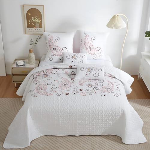 Colcha Boutí Bordada Cama 105 (200x270) para Verano y Entretiempo - 100% Microfibra Suave – Cubrecama Moderno Multiusos Ligero y Transpirable - Incluye 2 Fundas Cojín (1*60x60 + 1*30x50) (Hanoi)