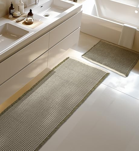 Großes Badteppich Set, Badematte Grün, Badezimmerteppich Set 2 Teilig, Boho Bath Mat, Badezimmermatte Deko, Rutschfest Duschvorleger für Badezimmer Wohnzimmer Schlafzimmer, 51 x 120 cm + 41 x 61 cm
