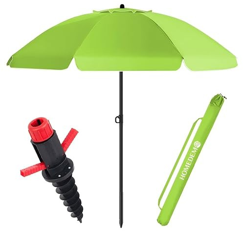 HOMEDEMO Parasol Plage Inclinable avec Revêtement Argenté, Protection Solaire UV50+, avec Pied d'ancrage à Visser Grand & Housse de Protection, pour Terrasse, Piscine, Marché, 200cm, Vert Pomme