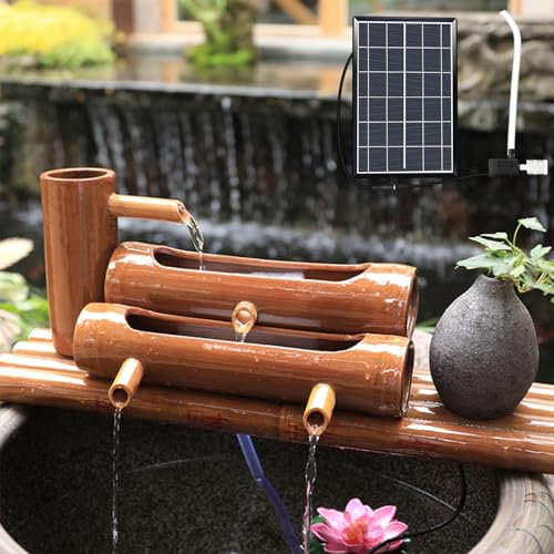 Fontana in bambù ad energia solare con pompa, decorazione da giardino zen, design a gradini per esterni, giardino, patio