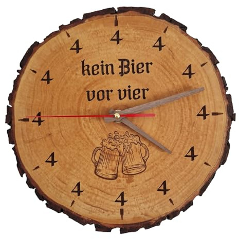 Matthias Massive Holzuhr aus Erle für Männer kein Bier vor 4 | Ohne Tickgeräusche, Kein Bier vor 4 Design, Lautlos, Für Wohnzimmer oder Büro, Kneipendeko