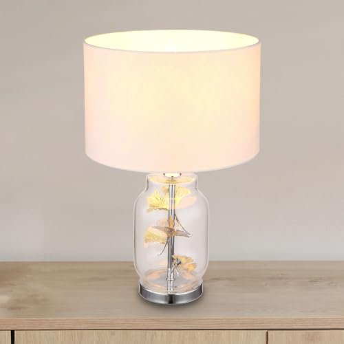 bmf-versand® Tischlampe Wohnzimmer mit Textilschirm - Tischleuchte Dekolampe Glasinnenteil mit Blätterdesign - Beistelllampe Dekoration für Schlafzimmer - Nachttischlampe Höhe 38 cm Wippschalter
