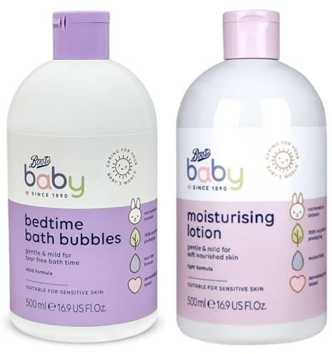 Bōots Baby Bedtime Bath Bubbles & Moisturising Lotion - Light Formula | Suitable For Sensitive Skin | 500mL+500mL [BUNDLE]