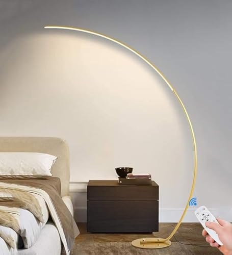 AstrizLamp LED Stehleuchte Wohnzimmer Modern Bogen Lampe Dimmbar mit Fernbedienung Innen Stehlampe Deko Gold Aluminium Bogenleuchte Acryl-Lampenschirm für Schlafzimmer Leselampe Sofa Büro H 170cm