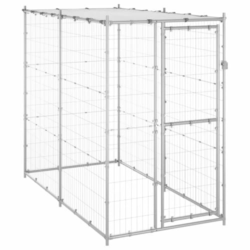 Hundezwinger Outdoor mit Überdachung, Hundehütte für mittelgroße bis große Hunde, Robust und langlebig, 110 x 220 x 180 cm Silber Verzinkter Stahl