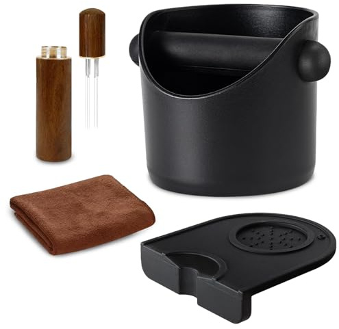 Espresso Knock Box with Accessories - 4.4 Inch Coffee Grounds Bin with Removable Knock Bar, Non-Slip Base, Stirring Needle & Cleaning Towel | Barista Coffee Machine Accessories (Black)