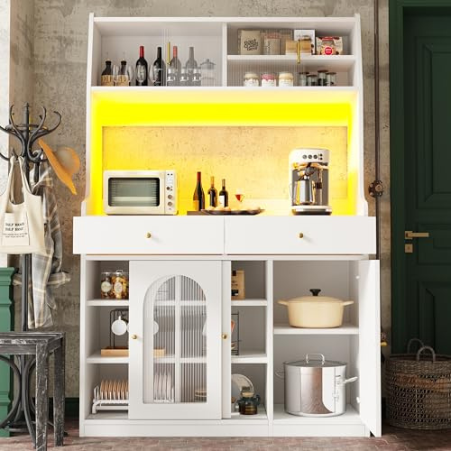 Gelukueub Armadio da cucina, mobile alto, armadietto a buffet con ripiani regolabili, armadio da pranzo con 2 cassetti, credenza con illuminazione a LED, colori luce variabile (bianco)