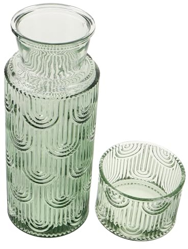 ROMISBABA Embossed Glass Water Carafe Set With Tumbler Bedside Pitcher For Water Juice Milk Decorative Nightstand Glass Jug With Matching Cup