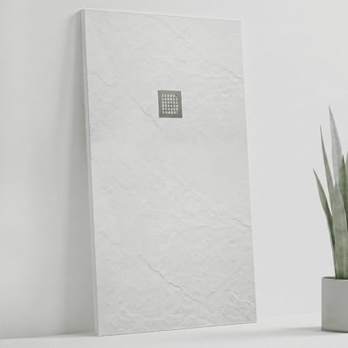 SOULHOME Plato de Ducha Irrompible y Ultraligero Pizarra - 120X70 cm BLANCO | Nueva Tecnología de Resina-Fibra, Antideslizante C3, Extraplano, Incluye Válvula desagüe y Rejilla, Recortable