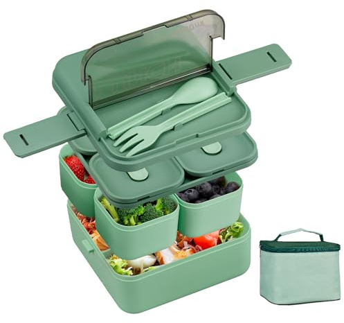 Kryndle Bento Lunch Box Stackable, 1800ml Leakproof Lunchbox with 4 Compartments, 2 Layers, Includes Insulated Bag and Cutlery Set, for School and Office Use (Green)