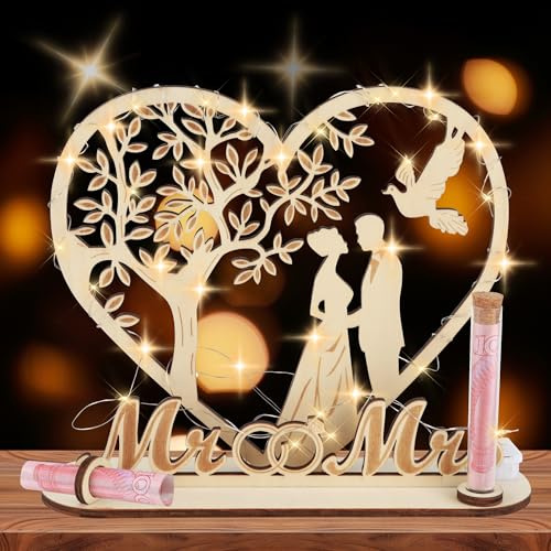 Geldgeschenk Hochzeit Holz mit Lichterketten,LED Geldgeschenk Hochzeit | Hochzeitsgeschenke für Brautpaar Geld,Herzförmiges Geschenk zum Hochzeit Hochzeitstag aus Holz