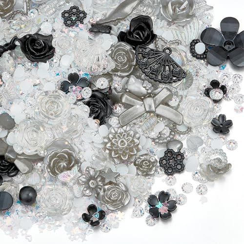 nbeads Harzblumenperlen Set, 30g PVC Pailletten 30g Kunststoff Bogen Schmetterling Blumenperlen und 1000pcs Kunststoff Cabochons DIY Schmuckzubehör für Handyhülle Nagelpflege Schuhdekoration, Schwarz