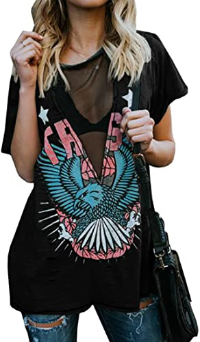 Karlywindow Womens Graphic T Shirts Short Sleeve Distressed Hawk Print Tee Tops Sexy Mesh Deep V Neck T-Shirt Black