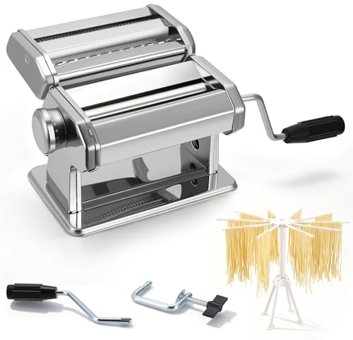 Yigowyigo Nudelmaschine Edelstahl Pastamaschine Manuelle mit Nudeltrockner & Tischklemmen, 9 Einstellbaren Multi-Pasta Maker Machine für Tagliolini Spaghetti Fettuccine Tagliatelle