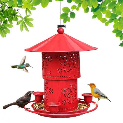 MIGHTYDUTY Vogelfutterhaus zum Aufhängen 1,5L Faltbarer Vogelfutterspender mit Tränke Vogelhaus Metall Wetterfes Rattensicher Futterstation für Vögel für Balkon Garten Rot