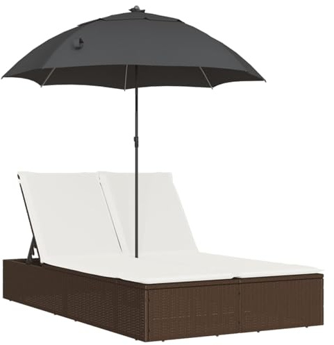 WGYHOME Doppel-Sonnenliege mit Kissen & Sonnenschirm Braun, PE-Rattan, 200x110 cm, 4-Fach verstellbar, UV-beständig – für Garten, Terrasse, Poolbereich