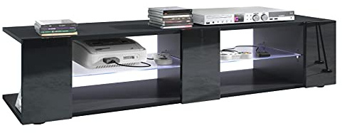 Vladon Mueble TV Movie V2, Mueble Televisor con 6 Compartimentos Abiertos y Franjas Decorativas, Negro Mate/Negro de Alto Brillo, incluida la iluminación LED Blanca (134 x 29 x 39 cm)