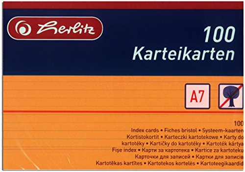 Herlitz 1150507 Karteikarten, A5, Weiß, Orange, A7 / 200 Karten, 100 Stück