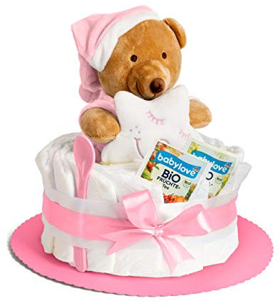 Windeltorte Mädchen in Rosa – Handgefertigtes Baby Geschenk zur Geburt & Taufe mit Kuscheltier, Pampers, Glückwunschkarte – Baby Windeltorte zur Babyparty Geschenkidee