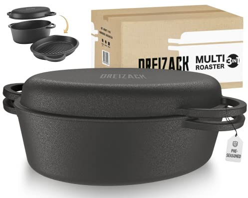 OSTOVE Gusseisen Bräter mit Grill Deckel - MULTIFUNKTIONAL - Gusseisen Topf, Gusseisenpfanne, Bräter, 8.3L, geeignet für alle Hitzequellen inkl. Induktion, eingebrannt mit Anti-Haft Patina