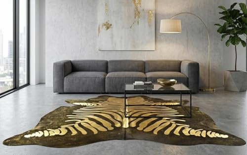 Kuhfell Stierfell Teppich schwarz mit Gold Zebra Prägung ca. 210 x 180 cm aus Brasilien Kuhfell Zebra Gold