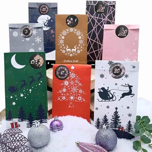 Adventskalender zum Befüllen Tüten Weihnachtskalender zum selber Basteln mit großen Tüten Kraftpapier
