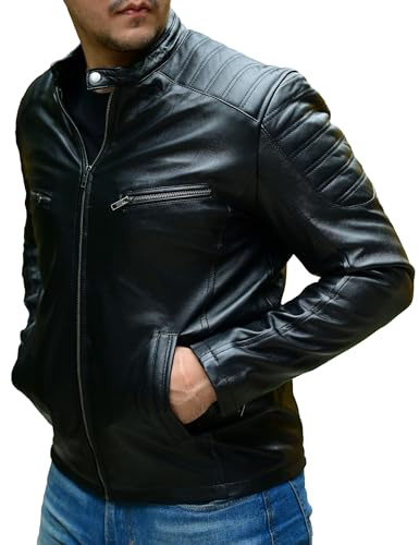 Jild Timeless Classic Leather Jacket Men - Biker Style Real Lambskin Café Racer Vintage Look Motorcycle Jackets for Men (M10-Blk-L)