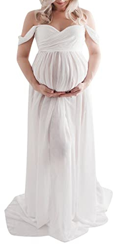 Abito Premaman per Fotografia a Maniche Corte in Chiffon con Scollo Profondo e Spacco Frontale Lungo Abiti da Gravidanza per Servizio Fotografico, bianco, M