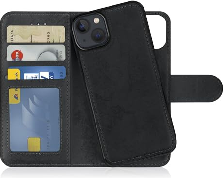MyGadget Flip-fodral för iPhone 14 - [avtagbart magnetfodral] - mobilfodral av konstläder - [flipfodral med kortplats] skyddsfodral i grått svart
